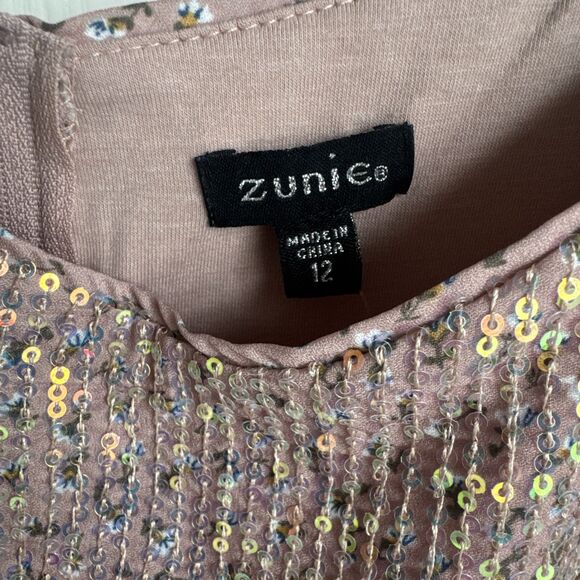 NWT Zunie Girls Floral Pink Sequin Party Dress Rose Gold Size 12 Spaghetti Strap - Picture 5 of 9